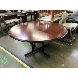 60” Dk Cherry color laminate top round table black metal pedestal 5/6/24