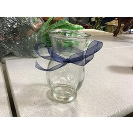 7x4” Wide mouth glass vase with blue ribbon 2/13/24