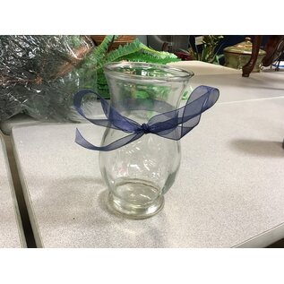 7x4” Wide mouth glass vase with blue ribbon 2/13/24
