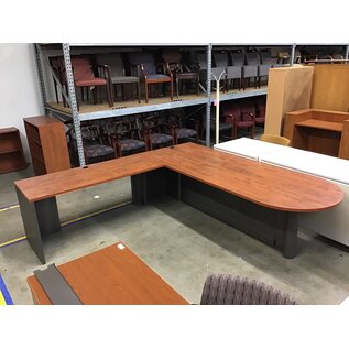 36x96x28 1/2” Wood laminate top table grey metal base with left 60” return 3/22/24