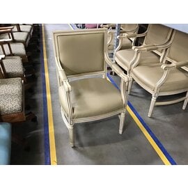 Off-white painted tan vinyl padded chair with arms 4/10/24