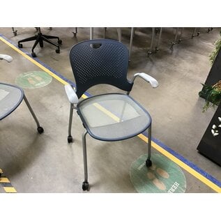 Blue stackable plastic back grey mesh seat Herman Miller chair on castors 7/10/26