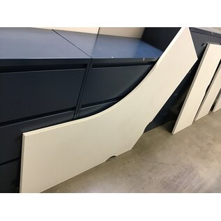 48x23” Light beige speckled laminate curved countertop with two media cutouts 5/7/24