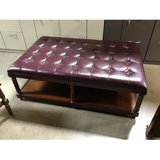32x49x18” Burgundy padded vinyl top cherry wood bench/ottoman - some wear throughout 4/16/25