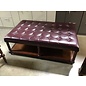 32x49x18” Burgundy padded vinyl top cherry wood bench/ottoman - some wear throughout 4/16/25