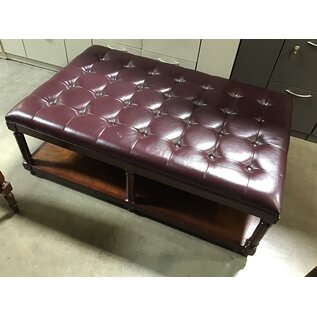 32x49x18” Burgundy padded vinyl top cherry wood bench/ottoman - some wear throughout 4/16/25