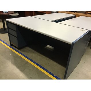 30x70x30” Blue metal Steelcase left pedestal desk with cord cutout 6/10/26
