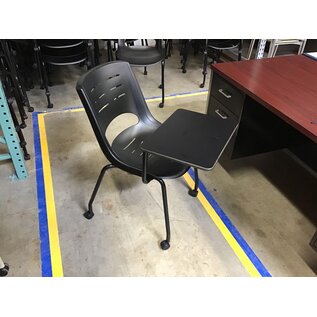 Black plastic right hand tablet arm chair on castors - some light scuffs throughout 6/12/25