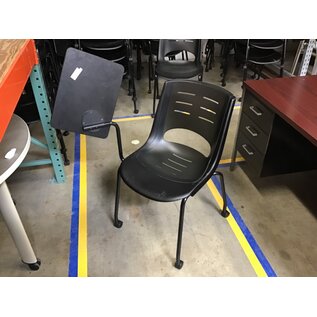 Black plastic right hand tablet arm chair on castors - some light scuffs throughout 6/12/25