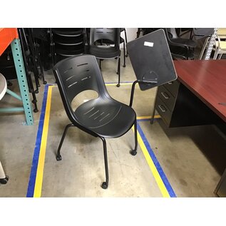Black plastic left hand tablet arm chair on castors - some light scuffs throughout 6/12/25