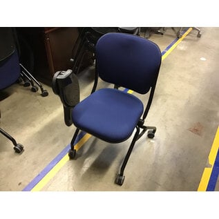 Navy blue padded right hand tablet arm chair on castors 4/28/25