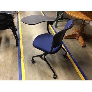 Navy blue padded right hand tablet arm chair on castors 4/28/25