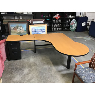 84x72” Light wood laminate top black metal P desk with left return