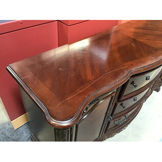 19x66x35 1/2” Dark cherry color buffet cabinet - nicks and scratches throughout/needs new hardware 6/10/25