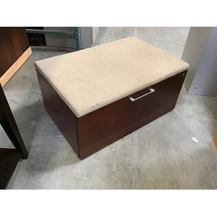 24x36x17” Cherry color single drawer lateral file/storage cabinet or bench with beige cushioned top - some wear on cushion 7/2/25