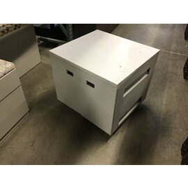 24x26x24”  Beige metal 2 door storage cabinet on castors/copier stand - some wear 10/7/25
