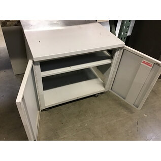 24x26x24”  Beige metal 2 door storage cabinet on castors/copier stand - some wear 10/7/25