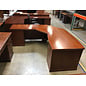 78x80” Curved L shaped light cherry color desk. 33” deep 29” tall. 5 drawers left return - some scuffs 11/7/25