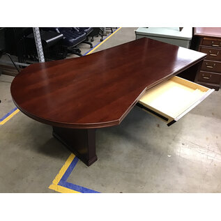 32x72x29” Cherry color wood desk with wide rounded end - some damage 12/3/25