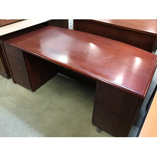 36x72x30” Cherry color wood double pedestal desk with curved top - some wear and chips in veneer 12/16/25