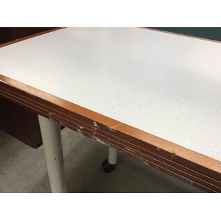 20x42x26” Beige laminate top wood trim metal legs work table on 2 castors - some scuffs 12/16/25