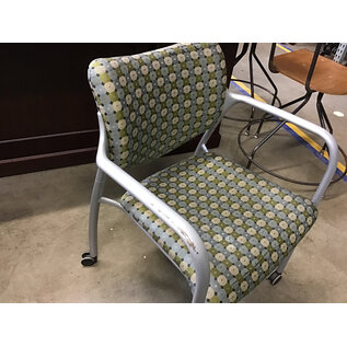 Green/teal pattern cushioned metal frame side chair on castors - some scuffs 1/5/26