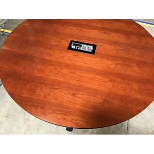 48” Cherry color laminate round table with electrical - some chips in laminate 2/25/26