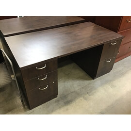 30x60x28 1/2” Dark wood laminate double pedestal desk - small hole drilled in top 4/14/26