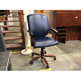 Navy blue vinyl cushioned seat wood frame adjustable height desk chair - some scuffs 9/2/26