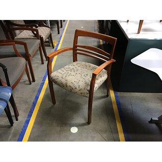 Tan and blue leaf pattern fabric wood frame cushioned side chair 8/13/26