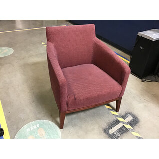 27 1/2” wide plaid red pattern cushioned wood frame side chair - slight wear 9/8/26