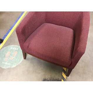 27 1/2” wide plaid red pattern cushioned wood frame side chair - slight wear 9/8/26