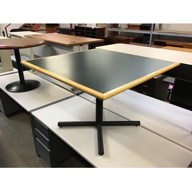 42x42x28 1/2” Black top square table wood trim black metal pedestal 9/9/26