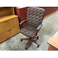 Tan green red pattern cushioned fabric adjustable height wood frame desk chair 9/14/16