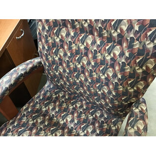 Tan green red pattern cushioned fabric adjustable height wood frame desk chair 9/14/16