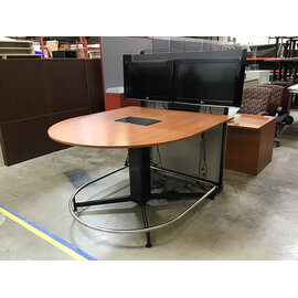 Steelcase media scape half round standing conference table 66x60x39” wood grain laminate top - 2 32” LG TVs included 9/21/26