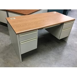 30x60x29” Beige metal double pedestal 5 drawer wood laminate top desk 10/16/26