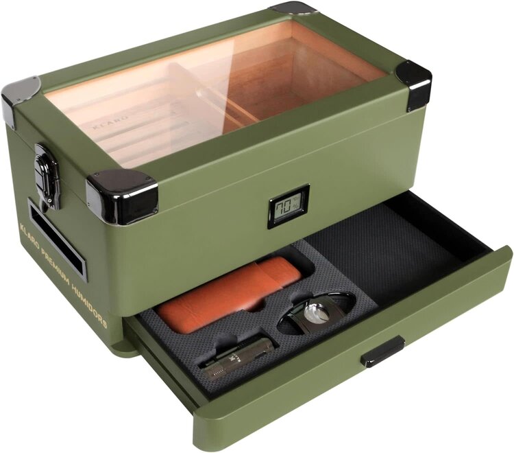 Klaro Humidors Klaro Humidors - MILITARY Green Glass Top Humidor - Holds 50-100 cigars