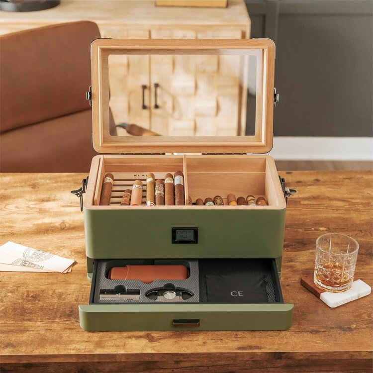 Klaro Humidors Klaro Humidors - MILITARY Green Glass Top Humidor - Holds 50-100 cigars