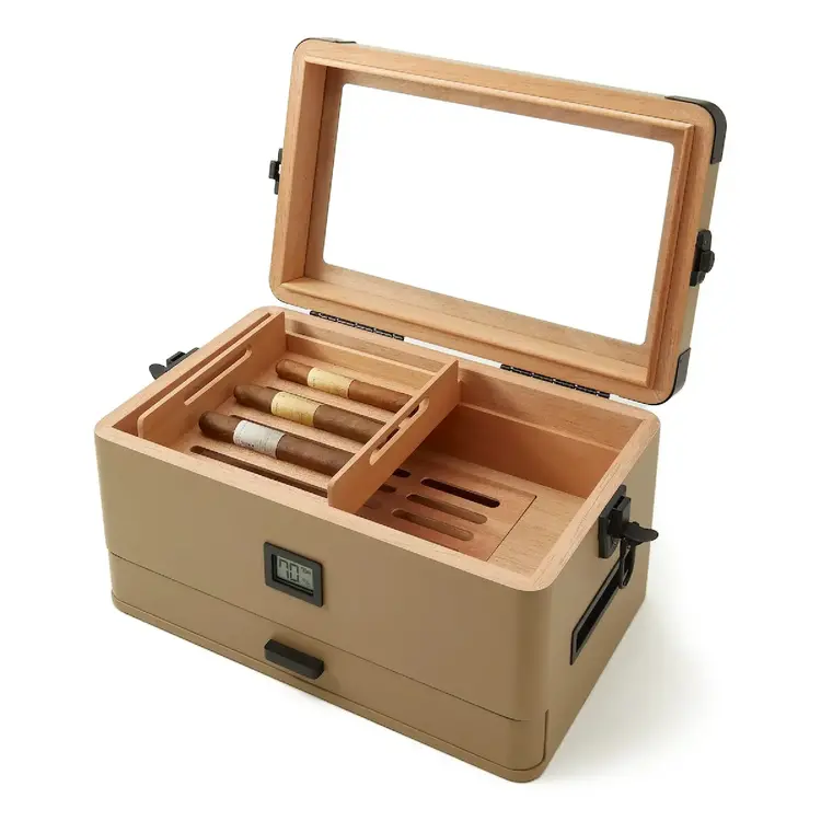 Klaro Humidors Klaro Humidors - MILITARY Tan Glass Top Humidor - Holds 50-100 cigars