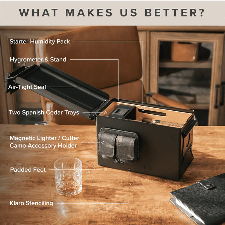 Klaro Humidors Klaro Humidors - The Smoke Box Black 50 cal Humidor - Holds 30-40 cigars