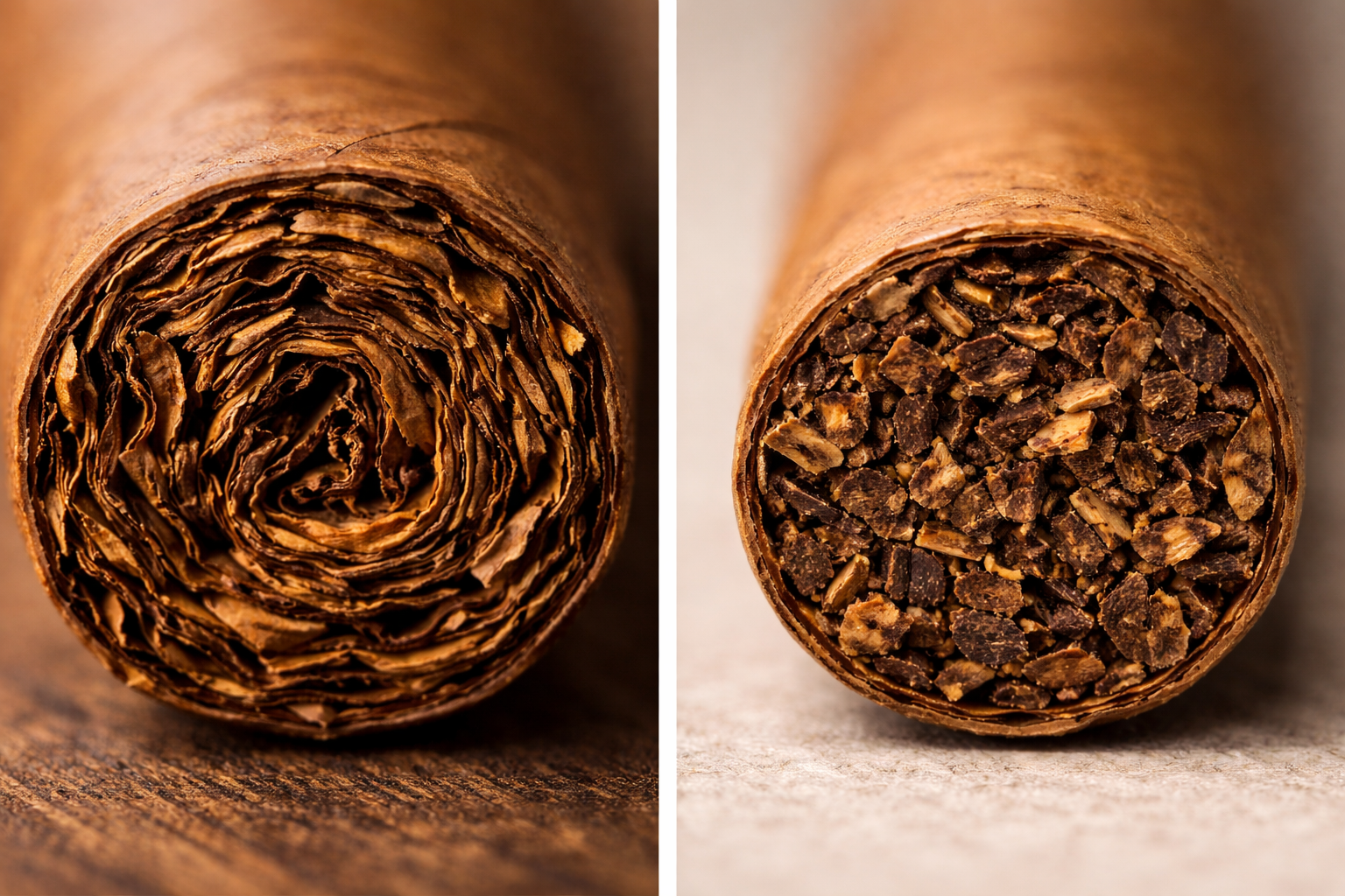 Two-panel image showing premium cigar rolling versus machine-made cigarillo production.