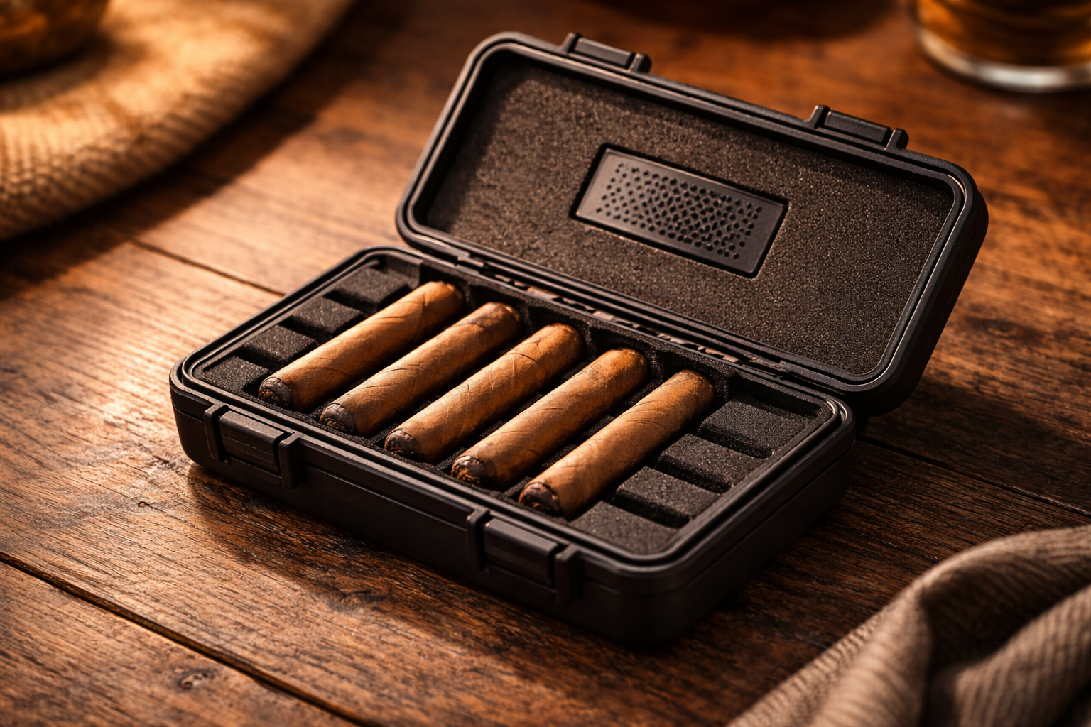 Open travel humidor holding compact cigars to protect humidity on the go.