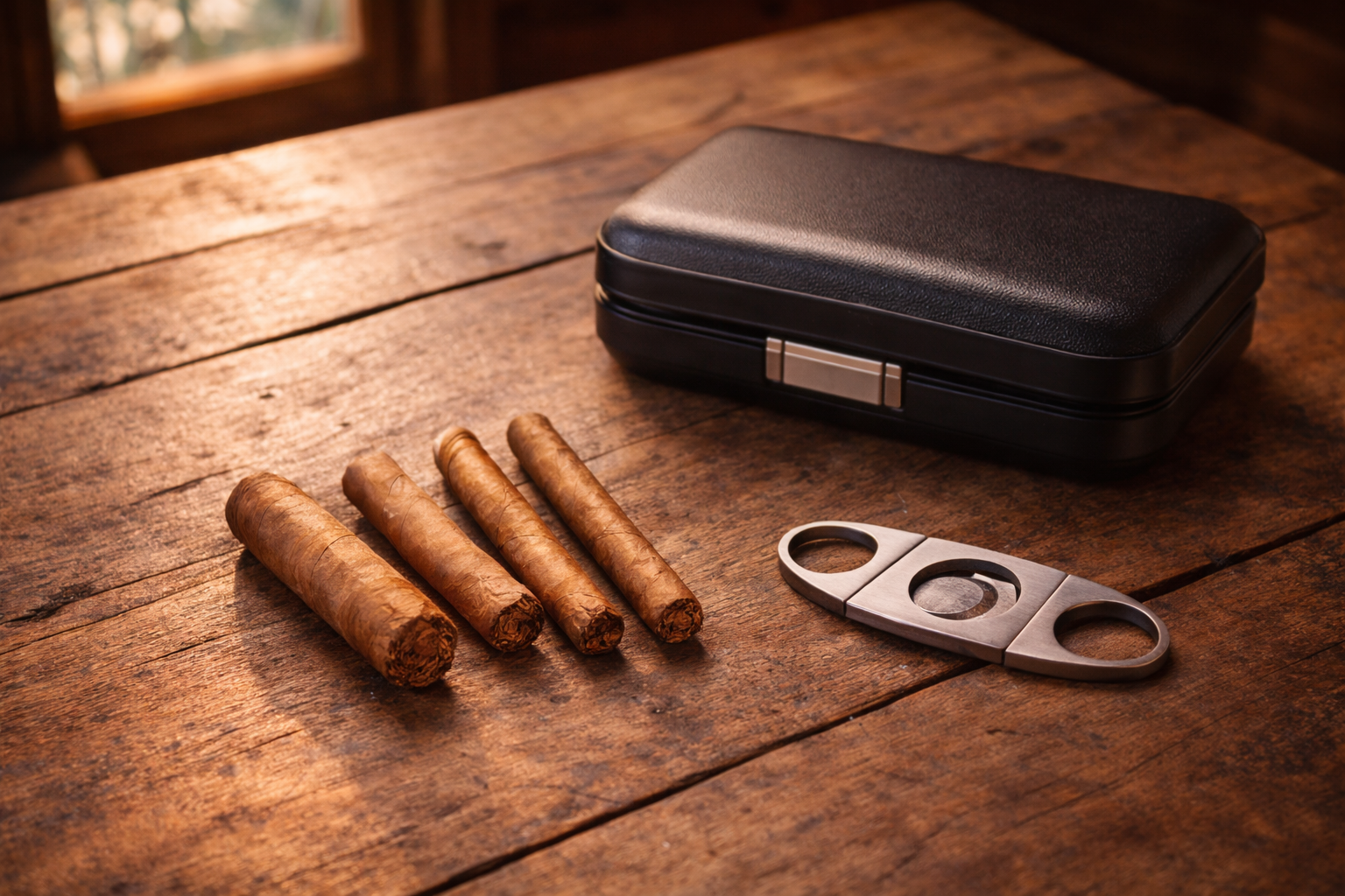 Alt text: Travel cigars and a travel humidor laid out on a cabin table for a weekend trip.