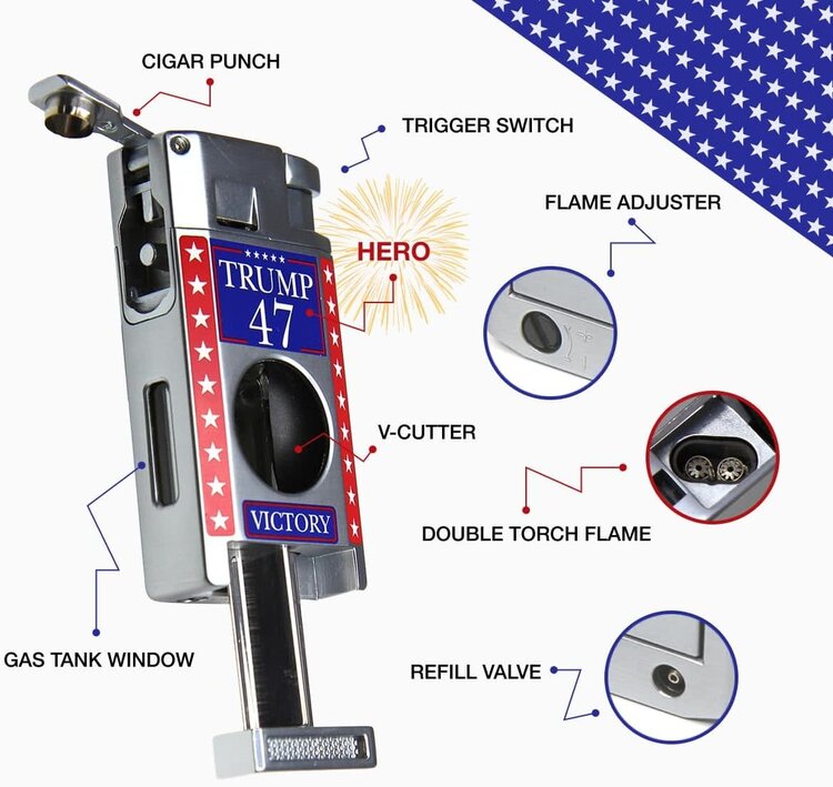 Victory 47 Cigar Lighter - Double Torch with V Cutter and Punch - Silver