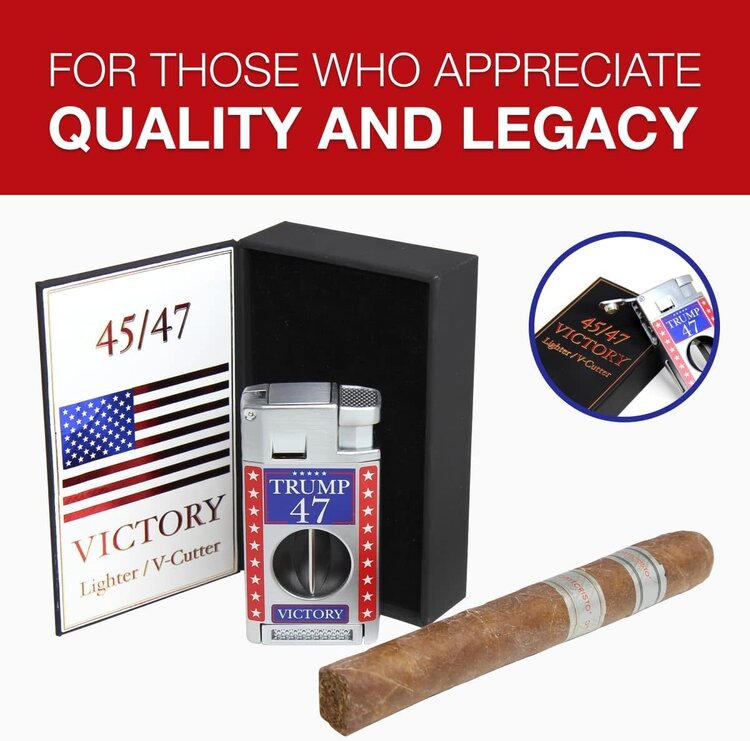Victory 47 Cigar Lighter - Double Torch with V Cutter and Punch - Silver