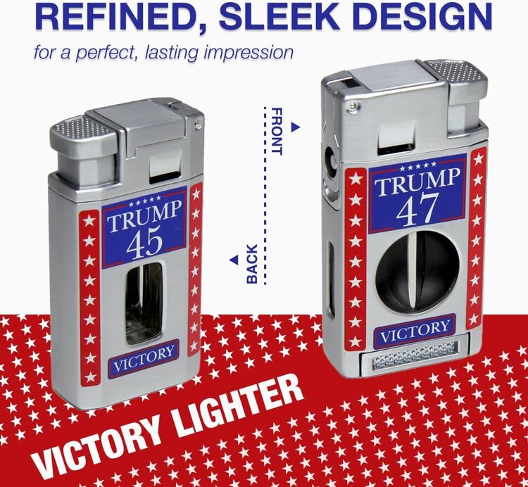 Victory 47 Cigar Lighter - Double Torch with V Cutter and Punch - Silver