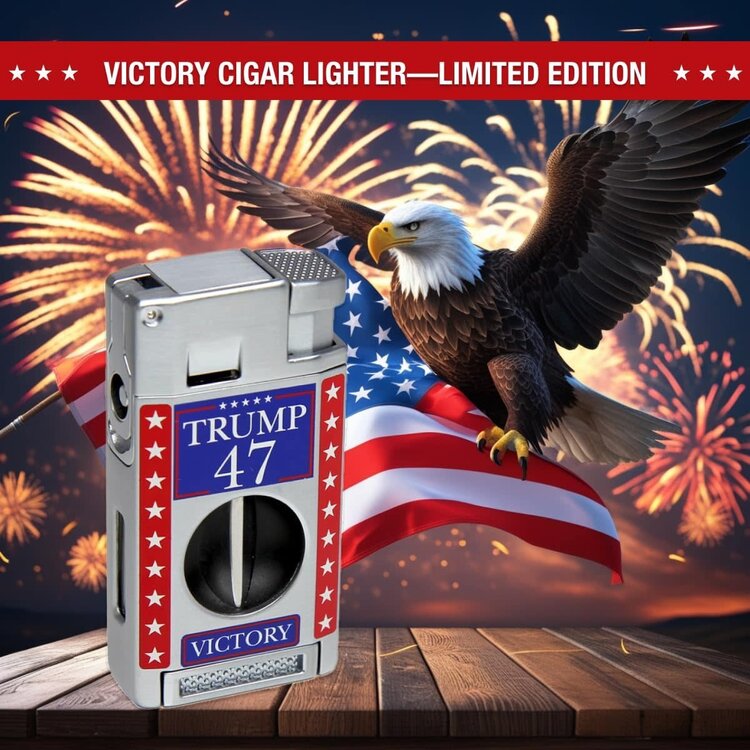 Victory 47 Cigar Lighter - Double Torch with V Cutter and Punch - Silver