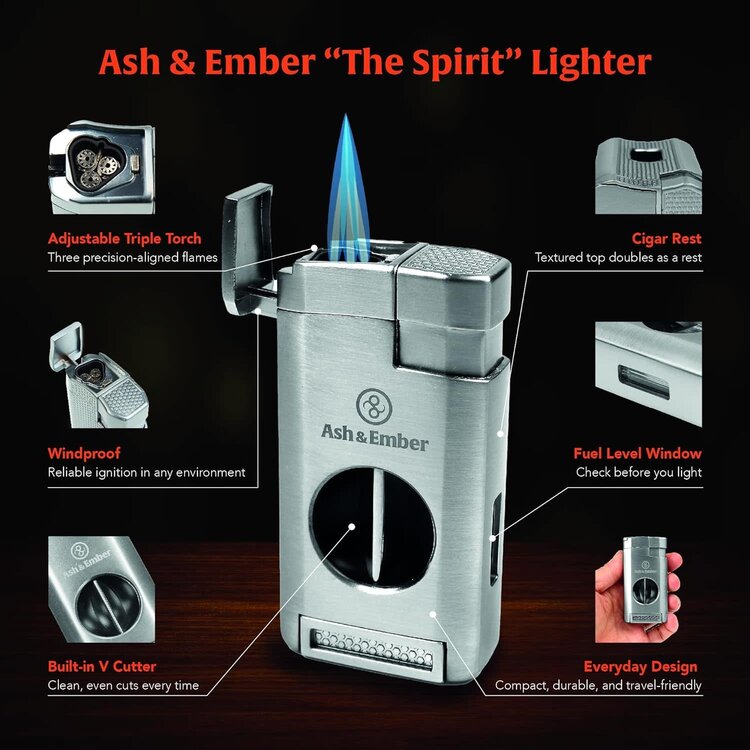 Ash & Ember Ash & Ember - Spirit Cigar Lighter - Triple Torch and V-Cutter