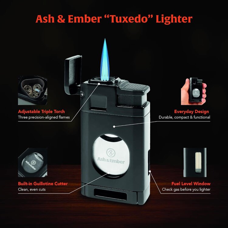 Ash & Ember Ash & Ember - Tuxedo Cigar Lighter - Triple Torch and Guillotine Cutter